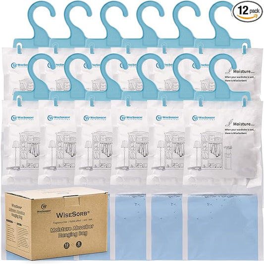 Moisture Absorber Refill Hanging Bags, 12 Pack (200g Each) – Calcium Chloride Dehumidifier Bags with 6 Reusable Hooks, Closet & Bathroom Dehumidifier Bags