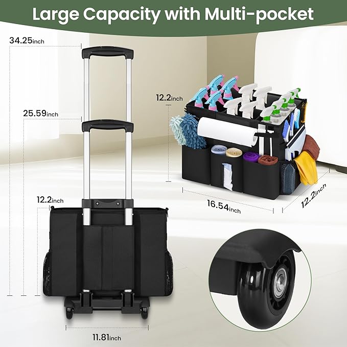 Large Rolling Cleaning Caddy with Detachable Trolley, Cleaning Supply Organizer Bag with Wheels & Multi-Pockets, Water-Resistant Cleaning Cart on Wheels for Housekeeping, Cleaner