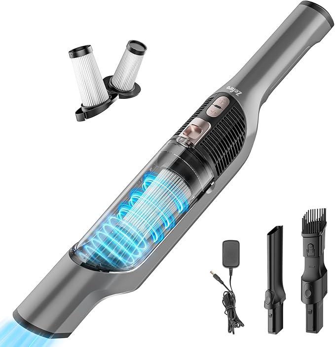 Zefiro Compact Powerful Cordless Handheld Vacuum, Rechargeable Portable Car Vacuum for Car & Pet Hair, XL Dust Cup, 25Kpa High Suction, Long Runtime, 2 Brushes, 2 Filters
