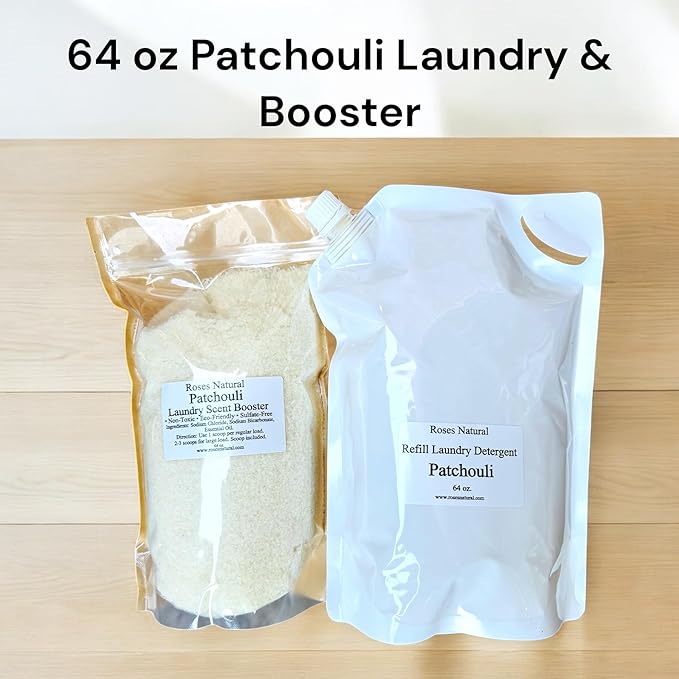 Patchouli Laundry Detergent and Scent Booster Bundle, 64 oz Each, Non-Toxic, Sulfate-Free, Eco-Friendly, Patchouli Essential Oil Scented, Made in the USA