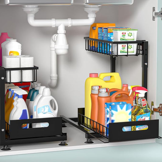 2 Pack Pro Under Sink Organizer Storage: Premium Metal 2-Tier Pull-Out Wire Basket Organizer, L Shape Height Adjustable, Easy Installation | Kitchen & Bathroom Cabinet Organizers
