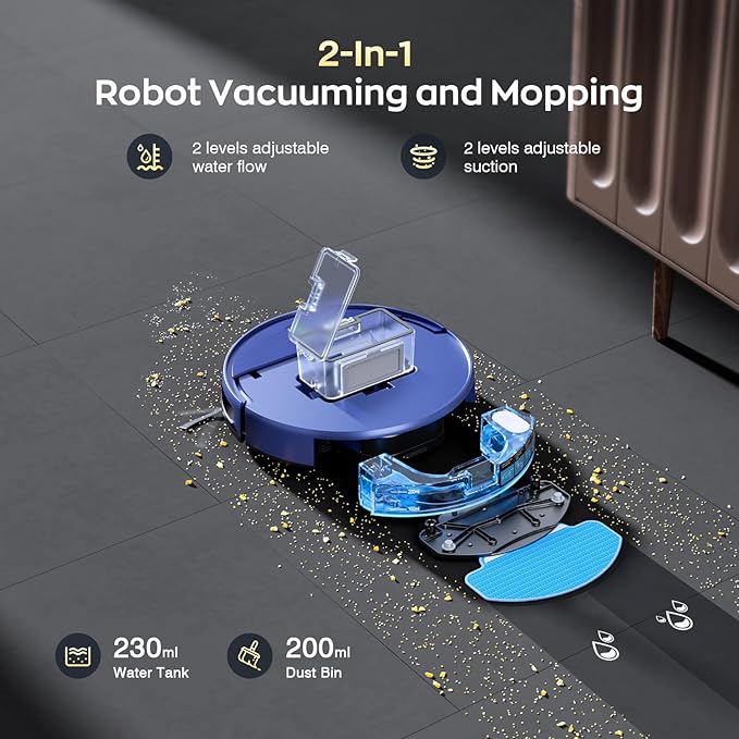 Robot Vacuum and Mop Combo, 2 in 1 Robot Vacuum Cleaner with WiFi/App, Smart Robotic Vacuums with Strong Suction, Schedule, Self-Charging, Slim, Quiet, Ideal for Hard Floor, Pet Hair, Low Pile Carpet
