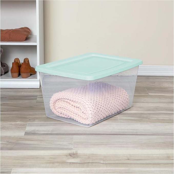 Sterilite 24 Pack Storage Boxes, Clear Plastic Stackable Containers, Lightweight Home Organizers with Snap Lids, 58 Quart, Mindful Mint