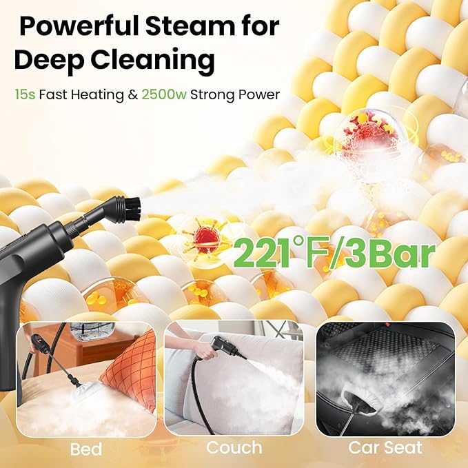 Handheld Steam Cleaner for Home, 2500W High Pressure Steam Cleaner for Car Detailing, 3 Steam Levels, 1600Ml Tank, High Heat Steamer for Bed Bugs, Couch, Furniture, Kitchen, Bathroom, Floors