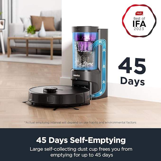 Eureka Robot Vacuum with Bagless Self Emptying Station, Robotic Vacuum Cleaner, 45-Day Capacity, 3000Pa Suction, LiDAR Navigation, NER E10s BK