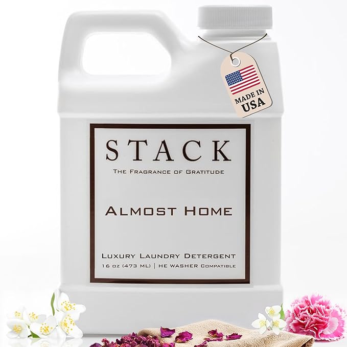 STACK Almost Home Luxury Laundry Detergent - Premium Scented Laundry Detergent for HE & Standard Washers - Infused With Wild Jasmine, Suede, & Musk - Dye Free Gentle & Effective Cleaning - 16 oz