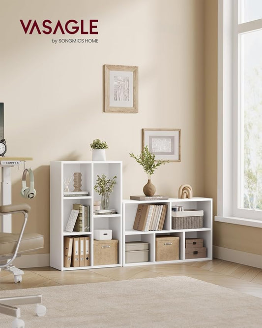 VASAGLE Bookcase, Bookshelf with 5 Compartments, Freestanding Shelves and Cube Organizer, Display Shelf for Small Spaces, for Living Room, Bedroom, and Home Office, Cloud White ULBC25WT
