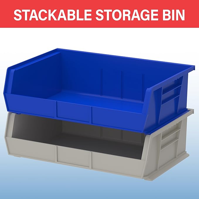 Akro-Mils 30255 AkroBins Plastic Storage Bins, Space-Saving Stackable Bins for Garage, Pantry, Craft Organization, 11" x 16" x 5", Stone, 6-Pack