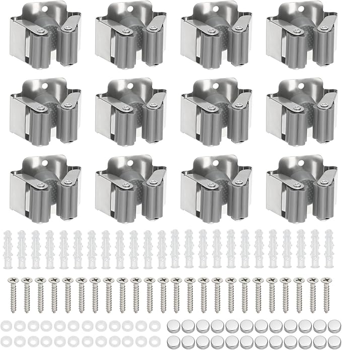 PATIKIL Broom and Mop Holder, 12 Pack Wall Mounted Stainless Steel Mop Hanger Heavy Garden Tool Organizer Rack Hanging Clips with Screws for Home Garage, Grey