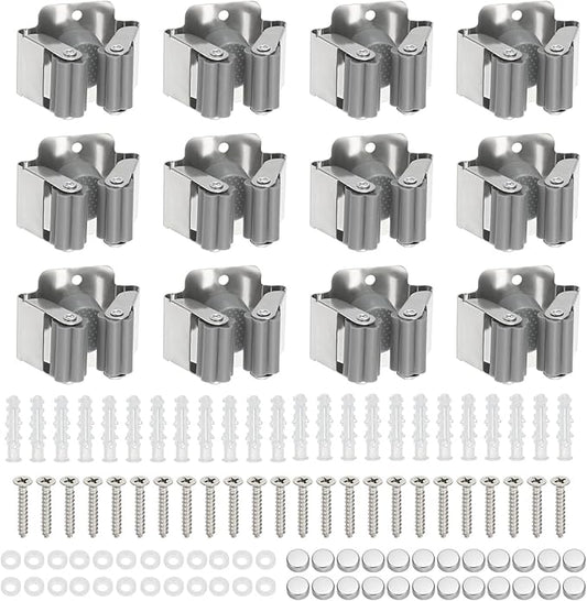 PATIKIL Broom and Mop Holder, 12 Pack Wall Mounted Stainless Steel Mop Hanger Heavy Garden Tool Organizer Rack Hanging Clips with Screws for Home Garage, Grey