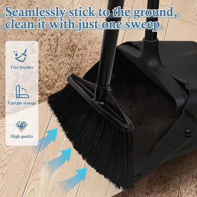 Broom and Dustpan Set with Long Handle and Wheels, Upright Standing Heavy Duty Large Dust Pan and Broom Combo for Indoor Outdoor, Kitchen, Garage, Restaurant Cleaning – Black