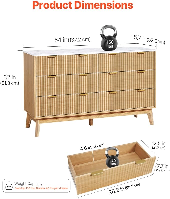 VEVOR Fluted 6 Drawer Dresser, 54" Wide Chest of Drawers with Faux Marble Top, Modern Dresser TV Stand, Wooden Closet Clothes Storage Organizer for Bedroom, Living Room, Hallway, Entryway, Natural Oak