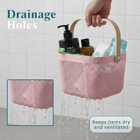 Shower Caddy Portable with Wooden Handle – Plastic Shower Caddy Dorm Basket for Bathroom Storage & Organization, College Essentials (Pastel Pink)