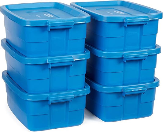 Rubbermaid Roughneck Tote 10 Gal, 6 Pack, Made in USA, Heritage Blue, Rugged Plastic Stackable Storage Bins with Lids and Handles