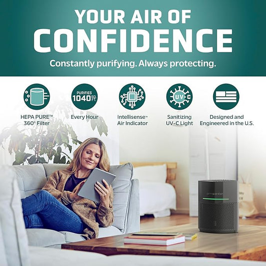 GermGuardian Airsafe+ HEPA Air Purifier for Home, Large Rooms Up To 1043 Sq. Ft. with HEPA Air Filter, UV-C Light & Air Quality Sensor, AC3000B, Black