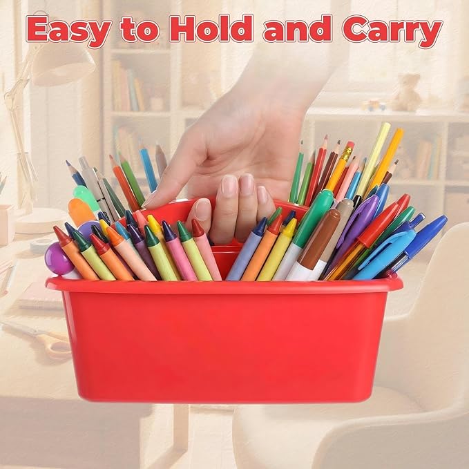 Kathfly 12 Pack Caddy Organizer with Handle, Stackable Organization Storage, Small Plastic Basket Classroom Caddy for Table Desk Office Pencil Kids Room Craft Art Teacher School Supplies (Blue Red)