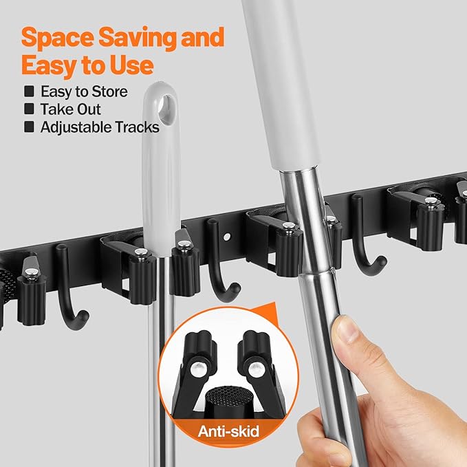 Broom Holder Wall Mount, Broom Organizer Wall Mount Stainless Steel Mop and Broom Holder Wall Mounted Heavy Duty Broom Hanger Storage Rack 5 Rack 4 Hooks Black