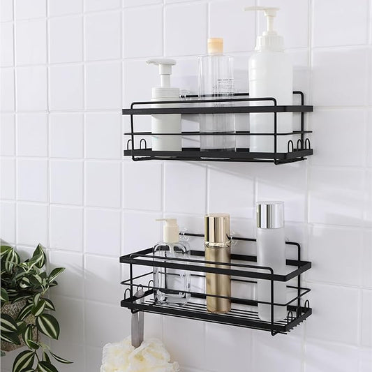 KINCMAX Iron Shower Caddies - Self Adhesive Bathroom Shelves for Showers - Wall Organizer Shampoo Holder Shelf - Peel and Stick On Caddy Bath Tub Rack - Pack of 2 Holders - Black