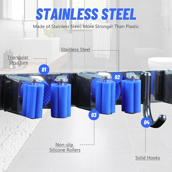 BigKing Mop Broom Holder Wall Mounted,6 Racks 3 Hooks Heavy Duty Stainless Steel Broom and Mop Hangers,Garage Storage Rack & Garden Tool Organizer, Self-adhesive/Screw Drilling