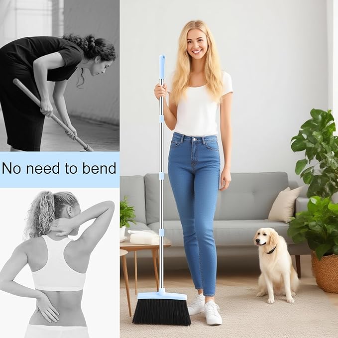 Broom and Dustpan Set, 52-in Handle Broom Dustpan Combo Set with Dustpan Teeth to Clean Pet Hair Suitable for Home Kitchen Office Garden Garage(Blue)
