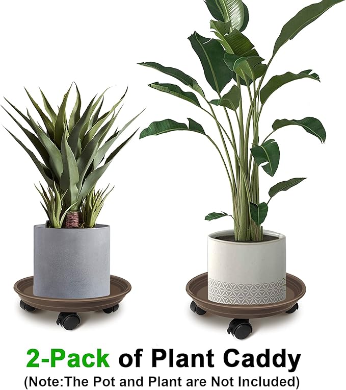 2 Pack of Plant Pallet Caddy with Wheels, Round Flower Pot Mover, Indoor Rolling Planter Dolly on Wheels, Outdoor Planter Trolley Tray Coaster, Brown