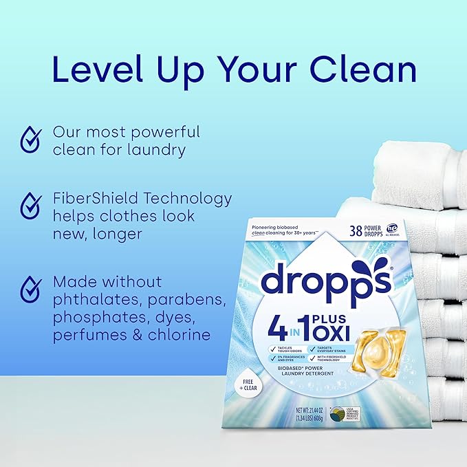 Dropps 4-in-1 Plus Oxi Free & Clear Power Biobased Laundry Detergent Pods, Unscented (38 Pods) - Chlorine-Free Bleach Alternative Biobased Laundry Whitener, Stain & Odor Remover