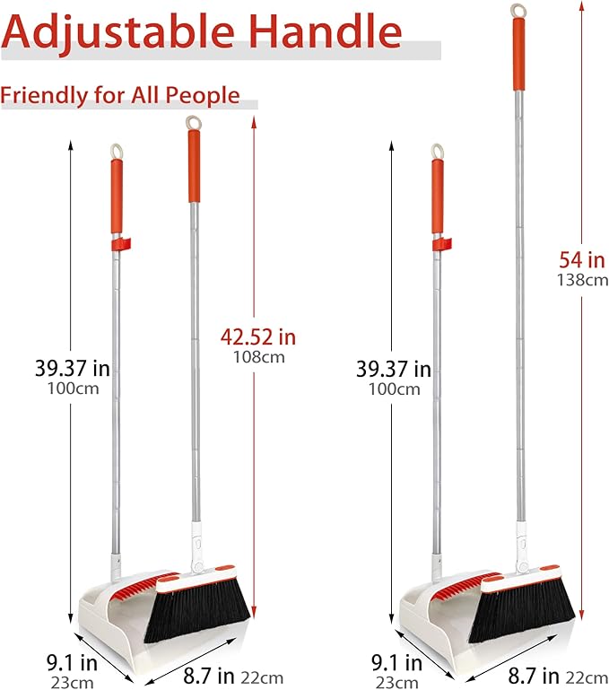 JEHONN Broom and Dustpan Set for Home, Long Handle Lightweight 180 Degree Rotating Broom Set Indoor, Upright Standing Dust Pan with Comb Teeth, Store Sweep Set for Room Kitchen Office (Grey & Red)