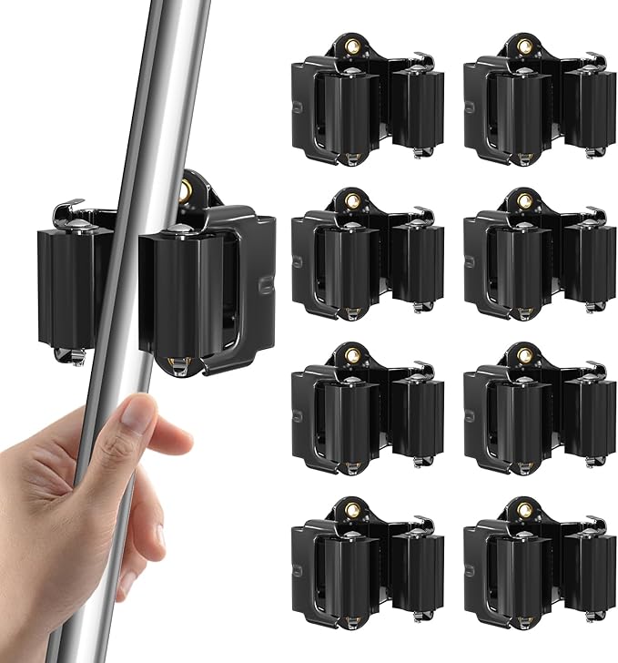 Mop and Broom Holder Big Size Hanging 1KG Extra, 8 Pack, Wall Mount for Organizing Mop Broom in Garden, Laundry Room, Cleaning, Bathroom, Kitchen, Garage (Black)