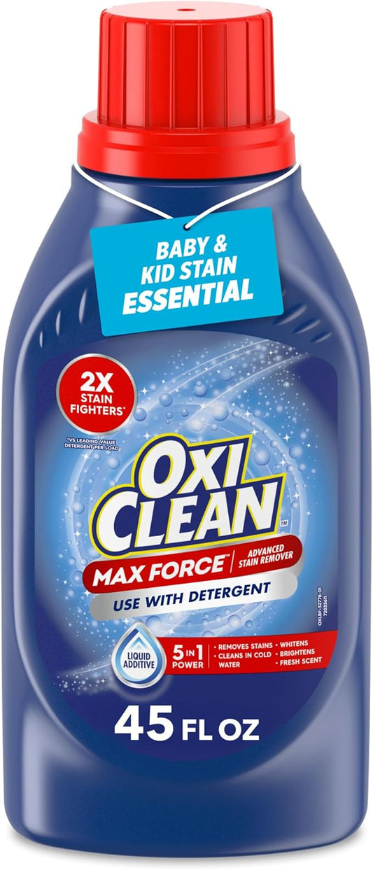 OxiClean Max Force Advanced Stain Remover Liquid, Color-Safe, Bleach-Free Kids and Baby Essential, Use with Detergent to Remove Messy Stains like Berries, Juice, Mud, Grass, 45 Fl Oz