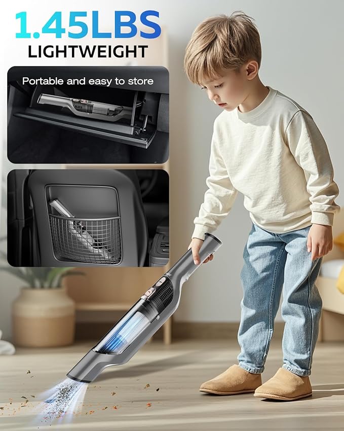 Zefiro Compact Powerful Cordless Handheld Vacuum, Rechargeable Portable Car Vacuum for Car & Pet Hair, XL Dust Cup, 25Kpa High Suction, Long Runtime, 2 Brushes, 2 Filters