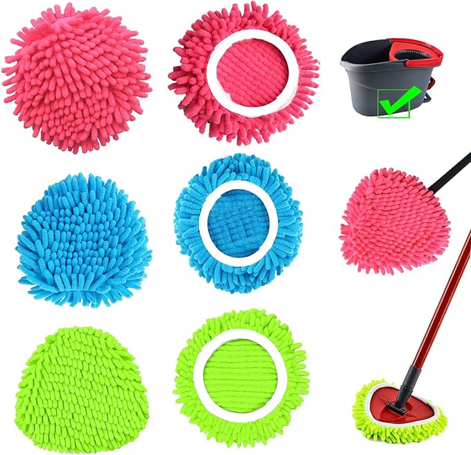 6 PCS Spin Mop Heads Replacements Compatible with Ocedar Easywring 1 Tank System Chenille Mops Duster Pad Washable Dust Refills Green Blue Red