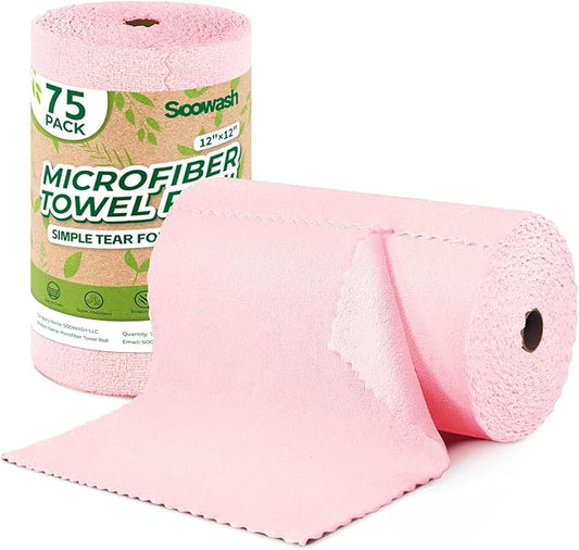 Microfiber Cleaning Cloths Roll, 75 Pack Tear Away Microfiber Towels Roll, 12" x 12" Lint Free Rags, Reusable Cleaning Cloths, Washable, Scratch Free,Ultra Absorbent Dish Rags(Pink)