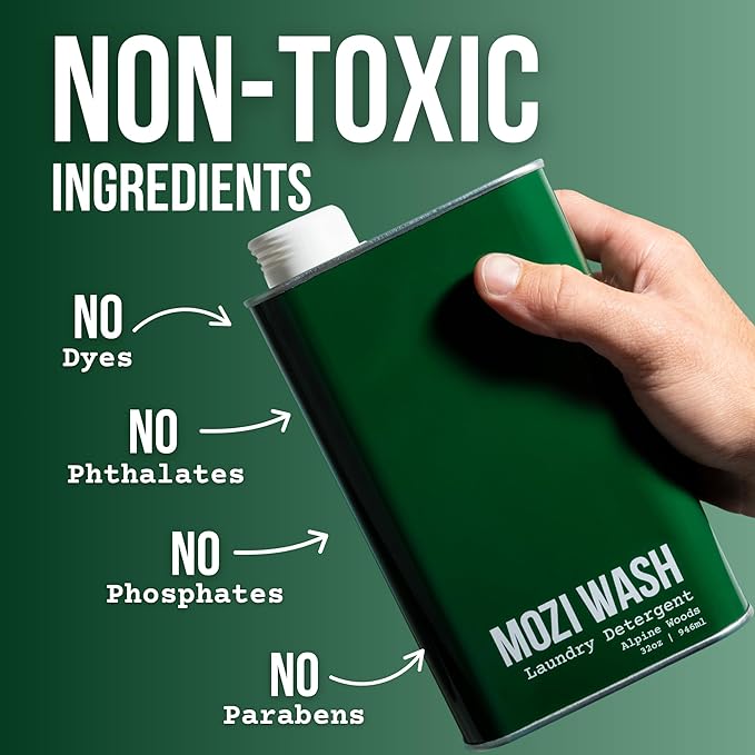 MOZI WASH Laundry Detergent Liquid, Alpine Woods, 50+ Loads, Concentrated, Plant Based, Cruelty & Dye Free, Phosphate & Paraben Free, Earth Friendly, Long Lasting Fresh Scent, 32 oz Recyclable Bottle