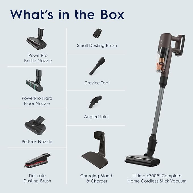 Electrolux Ultimate700 Complete Home Cordless Stick Vacuum with 3 Specialized Nozzles (Multi-Surface, Hard Floor & Pet), 50-Minute Run Time, 4 Power Modes, Walnut Brown