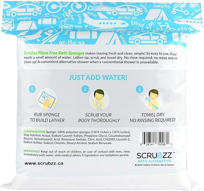Scrubzz Disposable No Rinse Bathing Wipes - All-in-1 Single Use Shower Wipes, Simply Dampen, Lather, and Dry Without Shampoo or Rinsing (Unscented, 4-Pack)