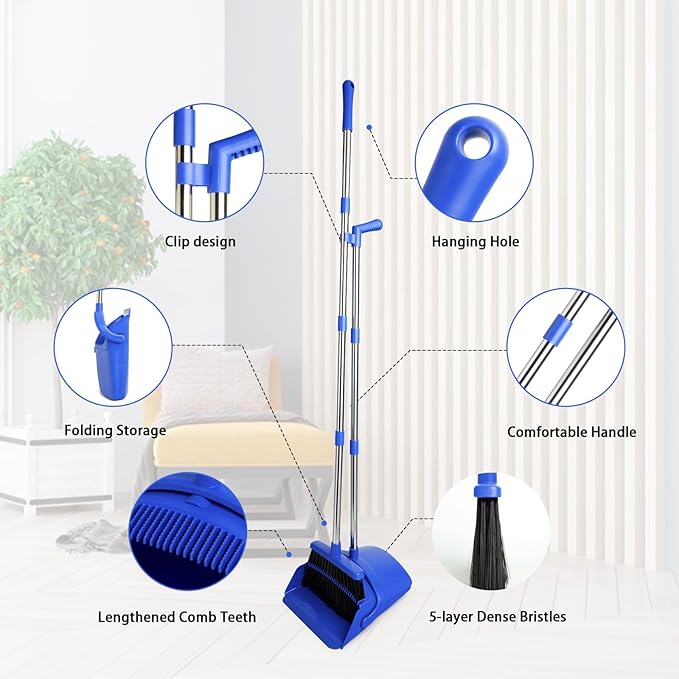 Broom and Dustpan Set, Long Handle Lightweight Dustpans with Broom Combo for Home, Indoor&Outdoor Sweeping for Home Room Kitchen Office Lobby (Dark Blue)