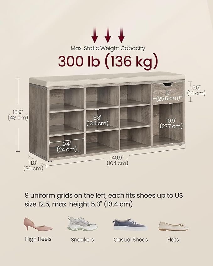 VASAGLE Custos Collection - Storage Bench, Entryway Bench with Cushion, Drawer and Open Compartments, Bench with Storage, Living Room, Bedroom, Closet, Heather Greige and Cappuccino Beige ULHS024K02