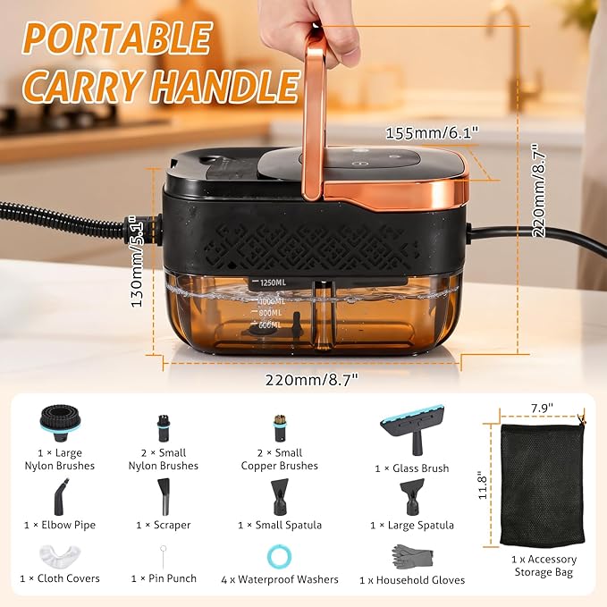 WICHEMI High Pressure Steam Cleaner Handheld Steam Cleaner Steamer for Cleaning Electric Steam Cleaning Machine for Home Kitchen Auto Car Detailing (Black+Rose Gold)