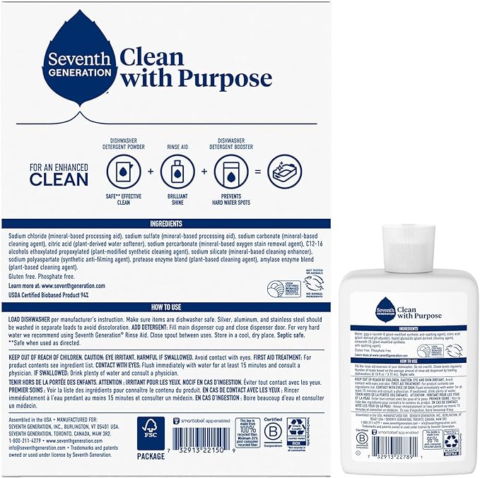 Seventh Generation Dishwasher Detergent Powder + Rinse Aid, Free and Clear, Biodegradable, Plant-Based & Fragrance-Free, Septic Safe