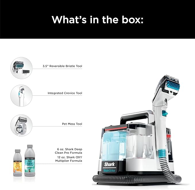 Shark PX201 StainStriker Portable Carpet & Upholstery Cleaner, Spot, Stain, & Odor Eliminator, 3 Attachments, Perfect for Pets, Carpet, Area Rugs, Couches, Upholstery, Cars & More, White (Renewed)