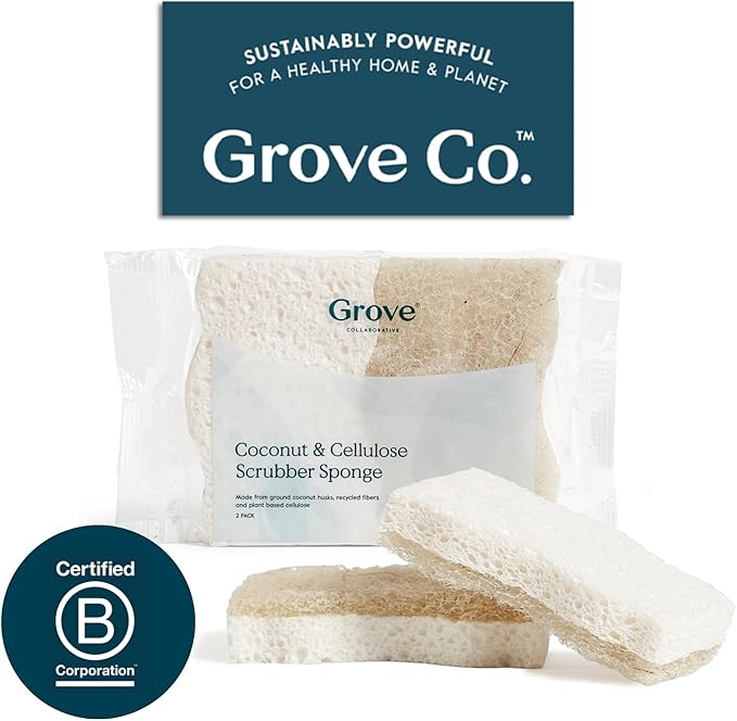 Grove Co. Sponges, Natural Coconut Scrubber Kitchen Sponge, Dual-Sided, Non-Scratch, Super Absorbent Plant-Based Cellulose with Coconut Husk Scourer, Household Cleaning Essentials, 6-Pack
