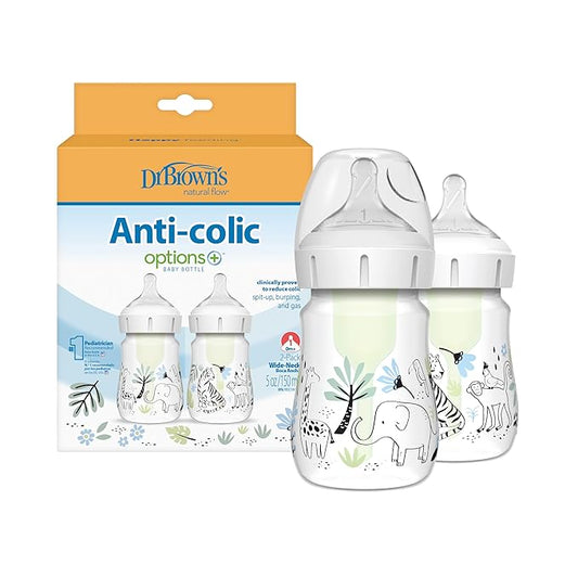 Dr. Brown's Anti-Colic Options+ Wide-Neck Baby Bottle Designer Edition Bottles, Jungle Decos, 5 oz/150 mL, Level 1 Nipple, 0m+, 2-Pack