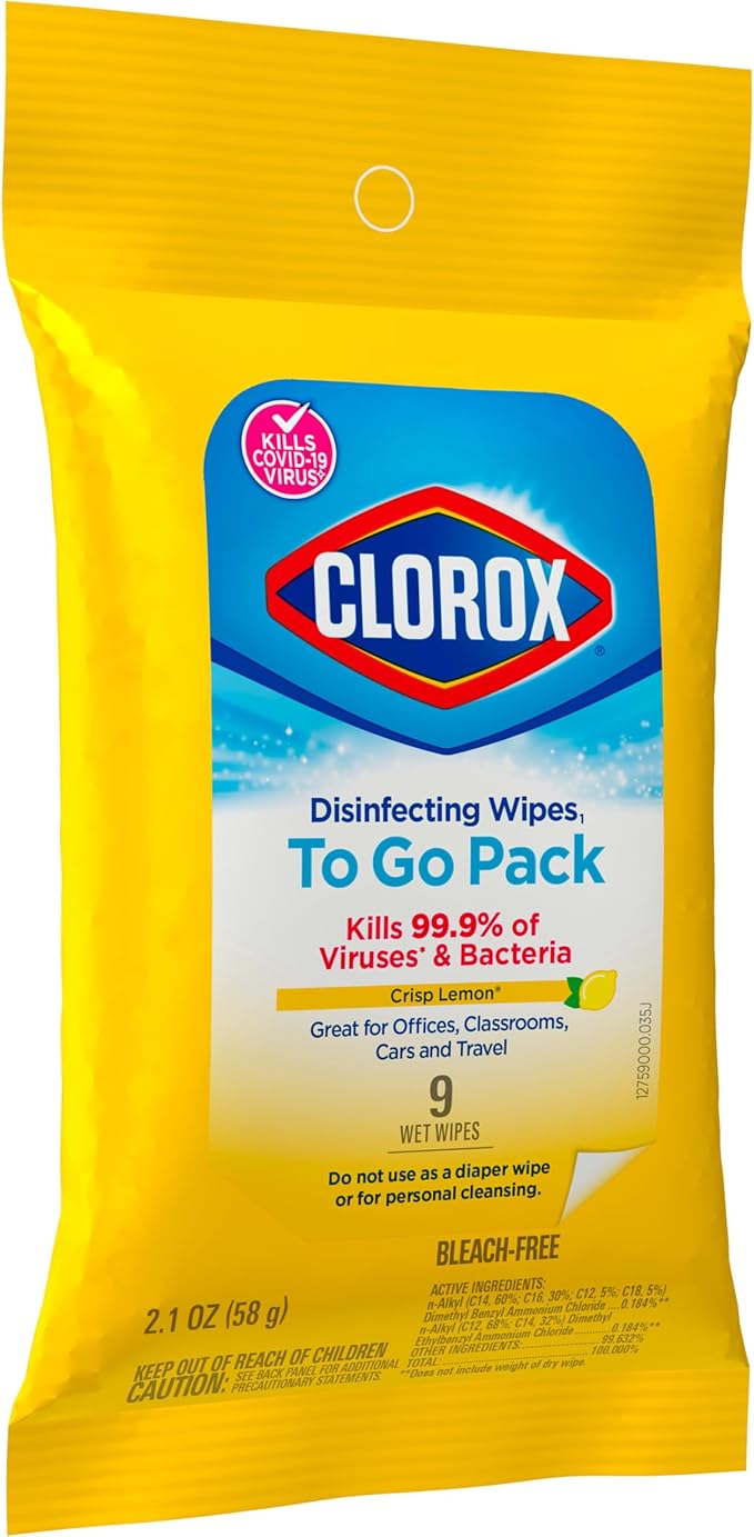 Clorox Disinfecting Wipes On The Go Travel Wipes, Dorm Room Essentials, Crisp Lemon, 9 Count (Package May Vary)