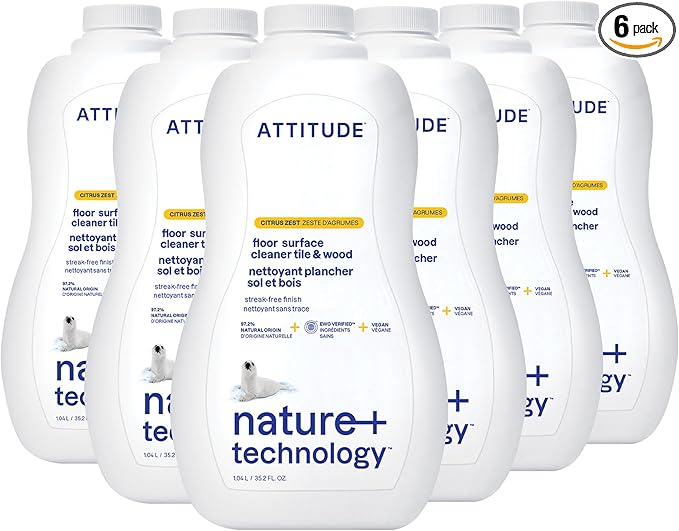 ATTITUDE Floor Cleaner, EWG Verified, Streak-Free, Vegan & Plant-Based for Tile, Wood & Laminate Floors, Citrus Zest Scent, 35.2 Fl Oz (Pack of 6)