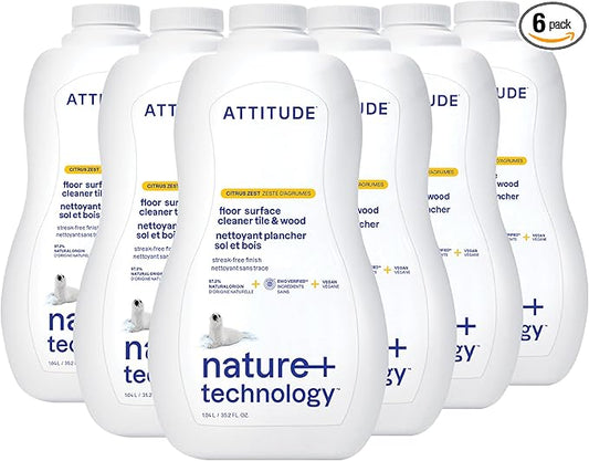 ATTITUDE Floor Cleaner, EWG Verified, Streak-Free, Vegan & Plant-Based for Tile, Wood & Laminate Floors, Citrus Zest Scent, 35.2 Fl Oz (Pack of 6)