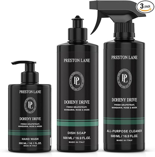 Preston Lane Luxury Kitchen Set – Hand Wash, Dish Soap & All-Purpose Cleaner | Plant-Powered Cleaning Essentials Bundle with Fine Italian Fragrance, Doheny Drive Scent