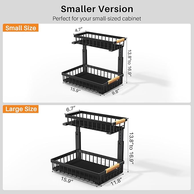 PXRACK 2 Pack Under Sink Organizer,Adjustable Height,2 Tier Pull Out Under Cabinet Organizer,Slide Out Thickened Metal Under Sink Storage for Kitchen Bathroom Laundry Cabinet Pantry,Black(S)
