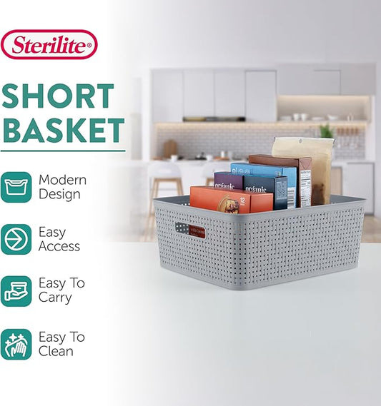 Sterilite 6-Pack Short Basket, Woven Plastic Storage Baskets for Organization, Cement - Organizing Bin Containers with Handles for Bedroom, Bathroom, Dorm, and Closet