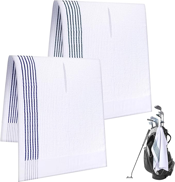 Vabean 2 Pcs 22 x 44 Large Golf Towel Caddie Style Center Cut Caddy Hanging Fast Drying Golf Club Cotton and Polyester Blend Camping Towels(White-Green, White-Blue)