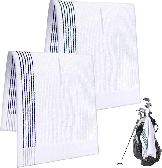 Vabean 2 Pcs 22 x 44 Large Golf Towel Caddie Style Center Cut Caddy Hanging Fast Drying Golf Club Cotton and Polyester Blend Camping Towels(White-Green, White-Blue)